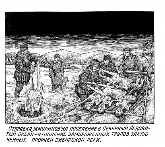 Eliminação de vítimas de execução no Oceano Ártico. De “Drawings from the Gulag” de Danzig Baldaev, publicado pela Fuel Publishing (Cortesia da Fuel Publishing)