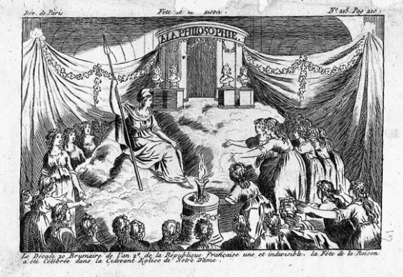 Esboço de 1793 ilustra a "Deusa da Razão" sob o Culto da Razão durante a Revolução Francesa (Domínio público)