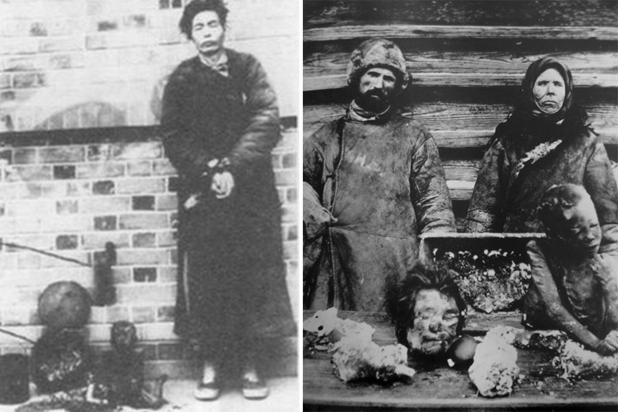 Canibalismo praticado durante a 'Grande Fome' da China (E), 1958-1962; e da Rússia (D), 1921-1922 (Domínio Público) 