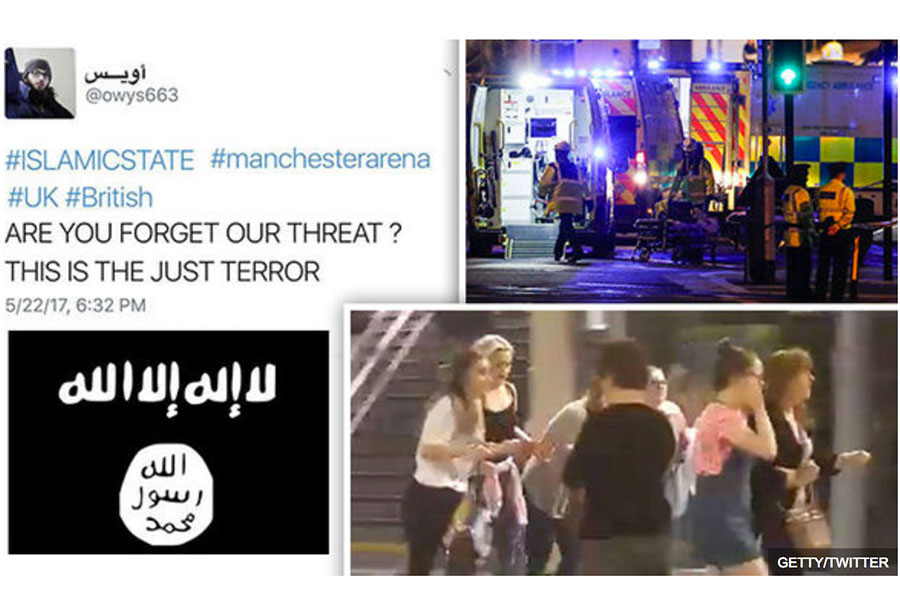 Fãs do Estado Islâmico (EI) celebram o ataque a bomba na Arena Manchester antes e depois do ataque (Reprodução)