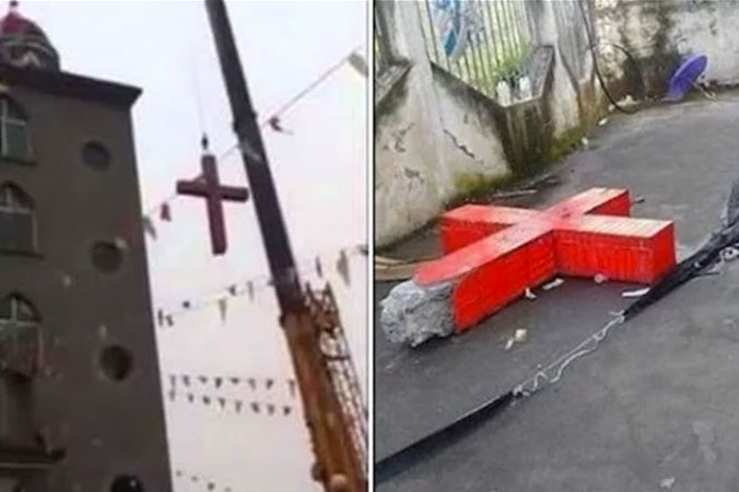 Guindaste remove uma cruz do telhado de uma igreja na província de Zhejiang, na China. À direita, uma cruz de concreto é derrubada ao chão (YouTube)