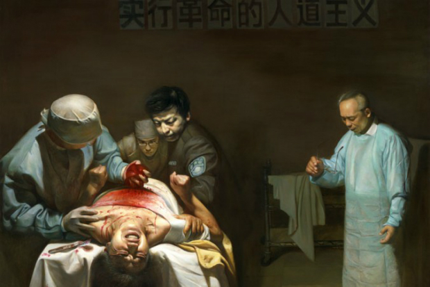 "Retirada ilegal de órgãos" por Xiqiang Dong, óleo sobre tela (41 x 41 polegadas), 2007 (The Traditional Culture Arts Centre)