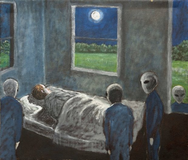 David Huggins conta que frequentemente recebia visitas de ETs em seu quarto, como retratou na pintura (Love and Saucers/Curator Pictures)