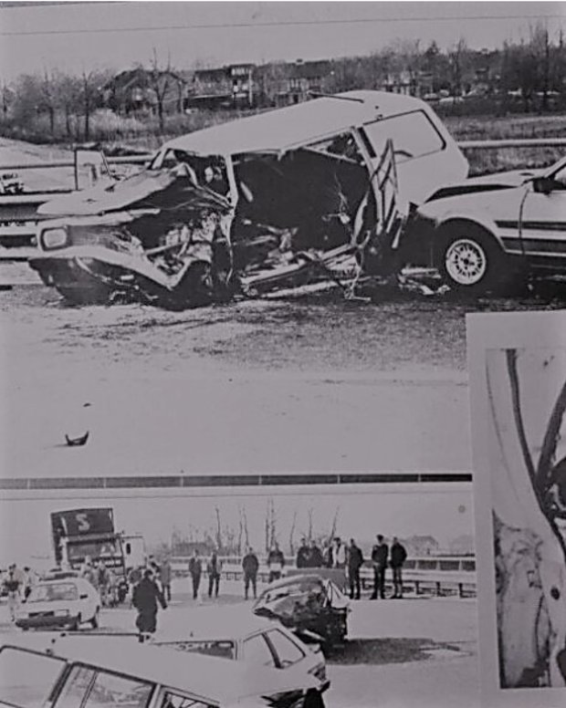 A cena do acidente de carro em 1986 que deixou Ann Teurlings em coma por uma semana e com dor crônica por décadas (Reprodução do clipping de jornal)